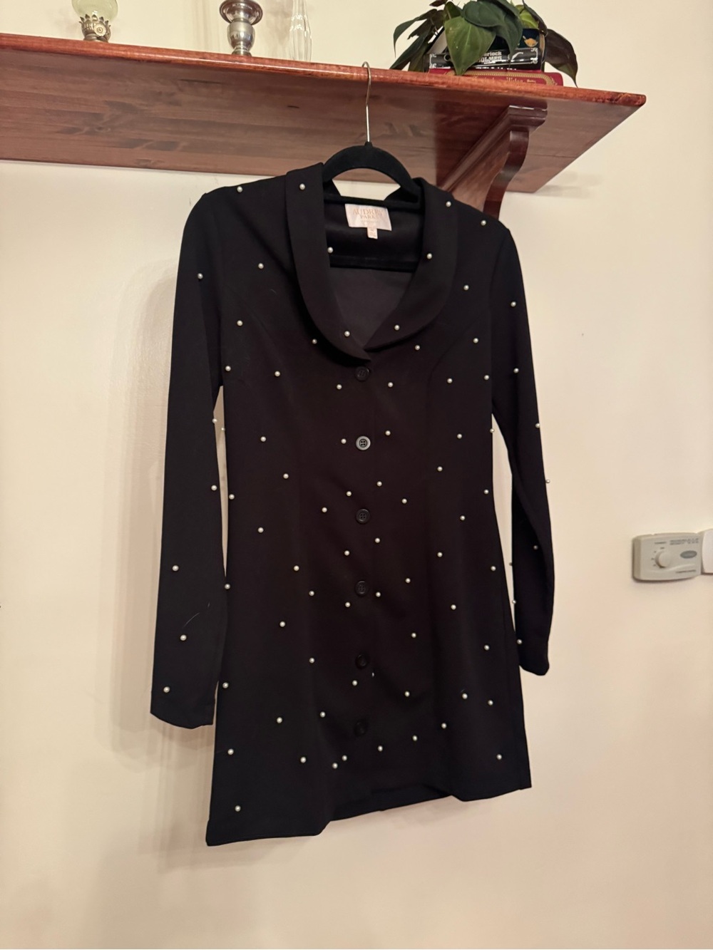Audrey Parks Black Long-Sleeve Button-Front Dress with White Pearl Dots